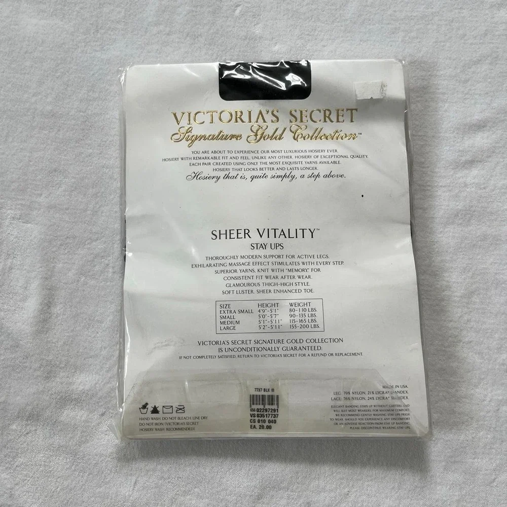 Vintage Victoria's Secret Sheer Vitality Stay Ups Pantyhose Black Sz Medium Lace